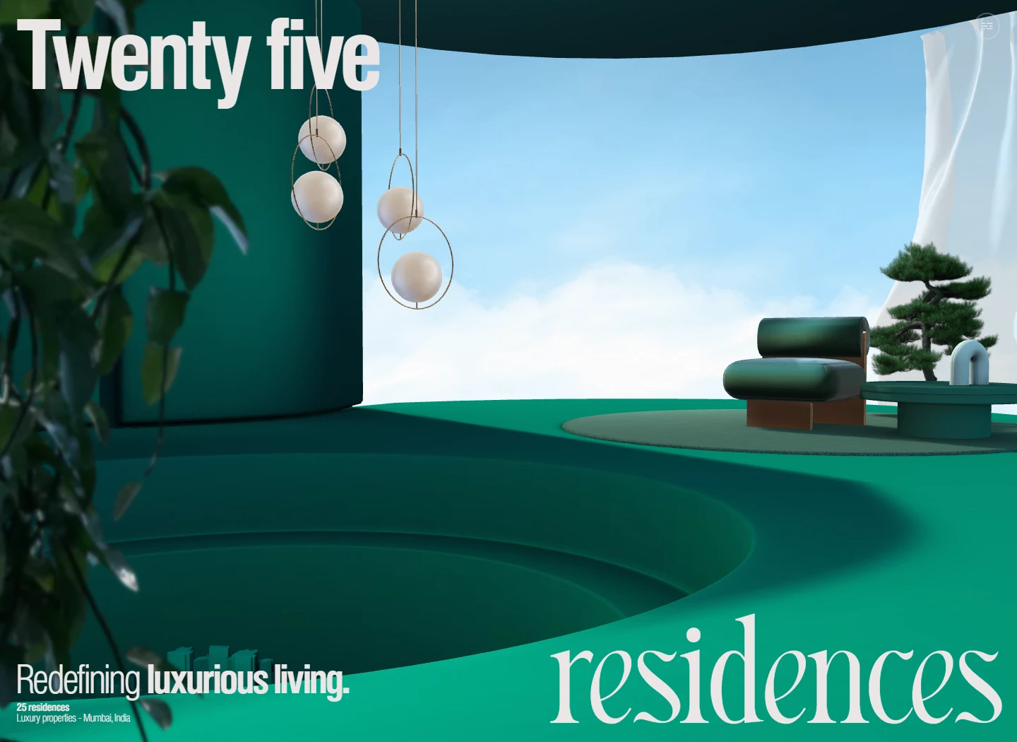 25 Residences homepage with a sculptural green luxury interior