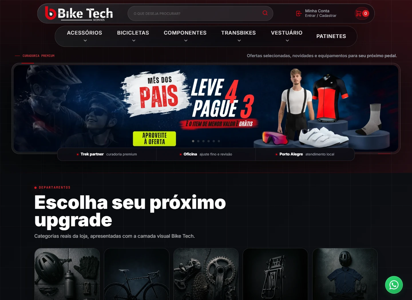 Bike Tech Moinhos website with a dark premium cycling storefront