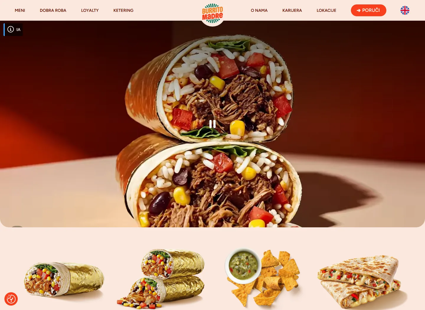 Burrito Madre homepage with gold foil wrapped burritos and rich red background