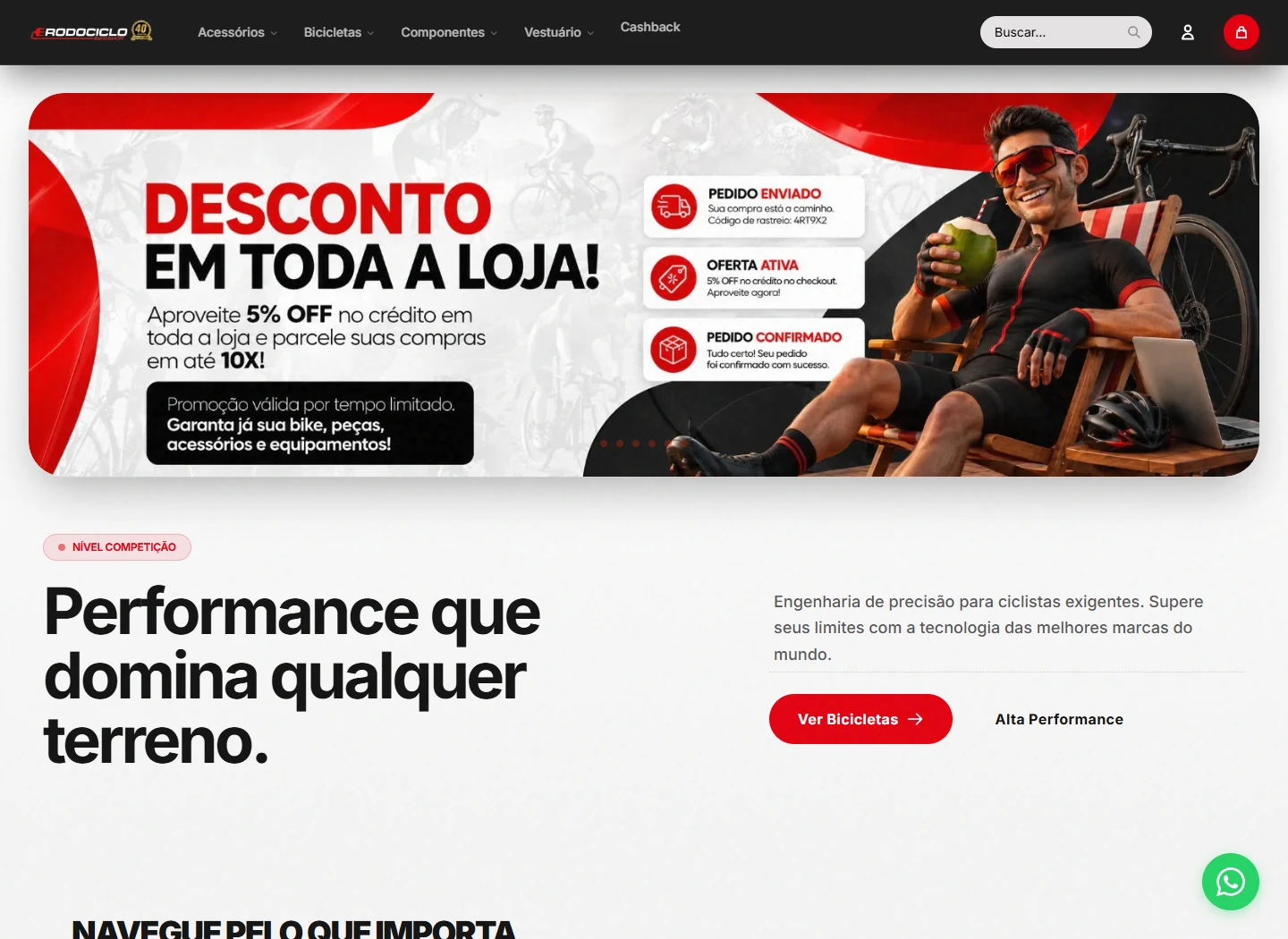 Rodociclo website with a red campaign banner and cycling storefront